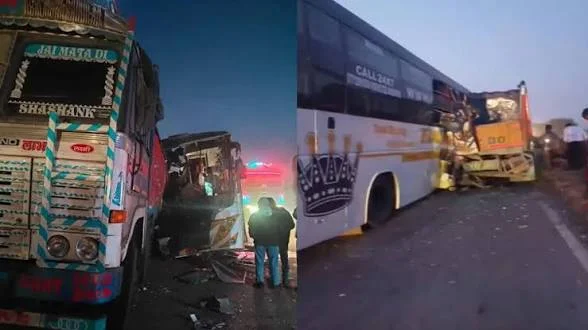 22 यात्रियों से भरी बस ट्रक से टकराई